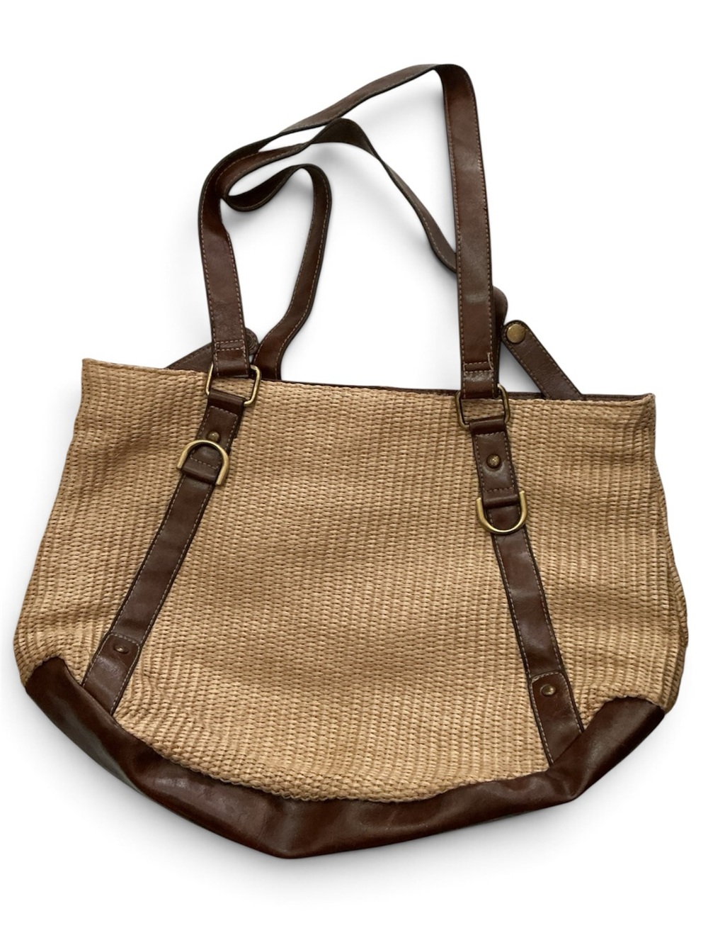 Woven Straw Tote Bag with Brown Leather Trim